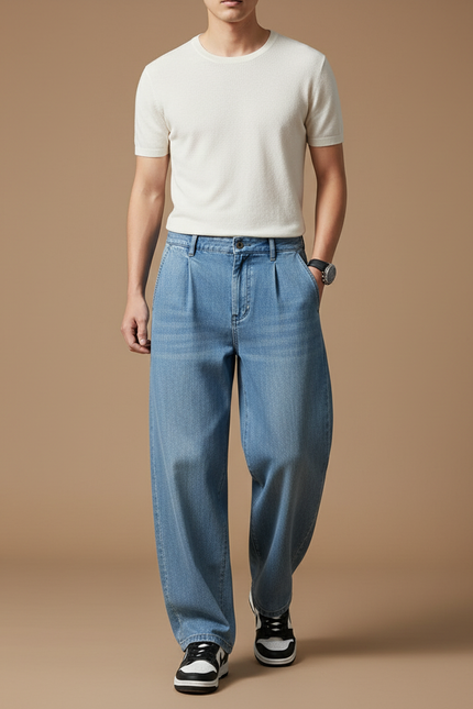 Pantalon Baggy Bleu Jean Ample Plissé Confortable Homme