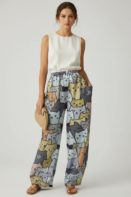 Pantalon Baggy Chat Imprimé Ample Décontracté Femme Fluide - Viscose