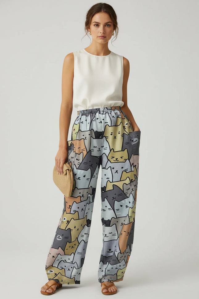 Pantalon Baggy Chat Imprimé Ample Décontracté Femme Fluide - Viscose
