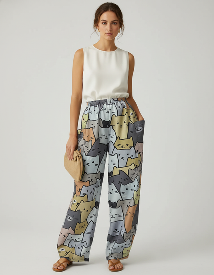 Pantalon Baggy Chat Imprimé Ample Décontracté Femme Fluide - Viscose