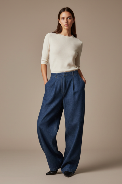 Pantalon Baggy Denim Plissé Large Bleu Décontracté - Jean
