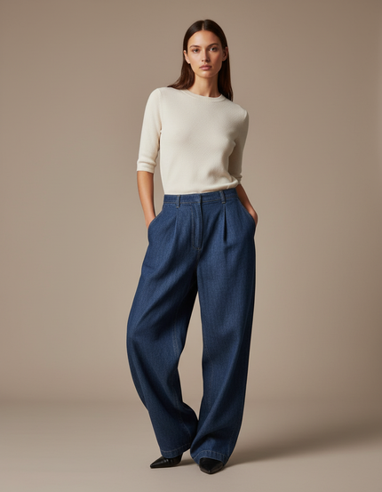 Pantalon Baggy Denim Plissé Large Bleu Décontracté - Jean