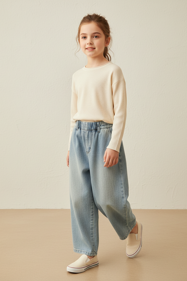 Pantalon Baggy Fille Bleu Taille Élastique Denim Skate - Jean