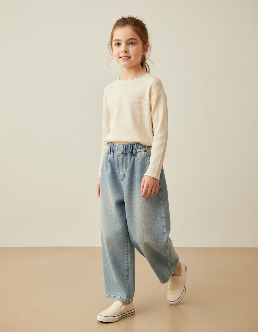 Pantalon Baggy Fille Bleu Taille Élastique Denim Skate - Jean