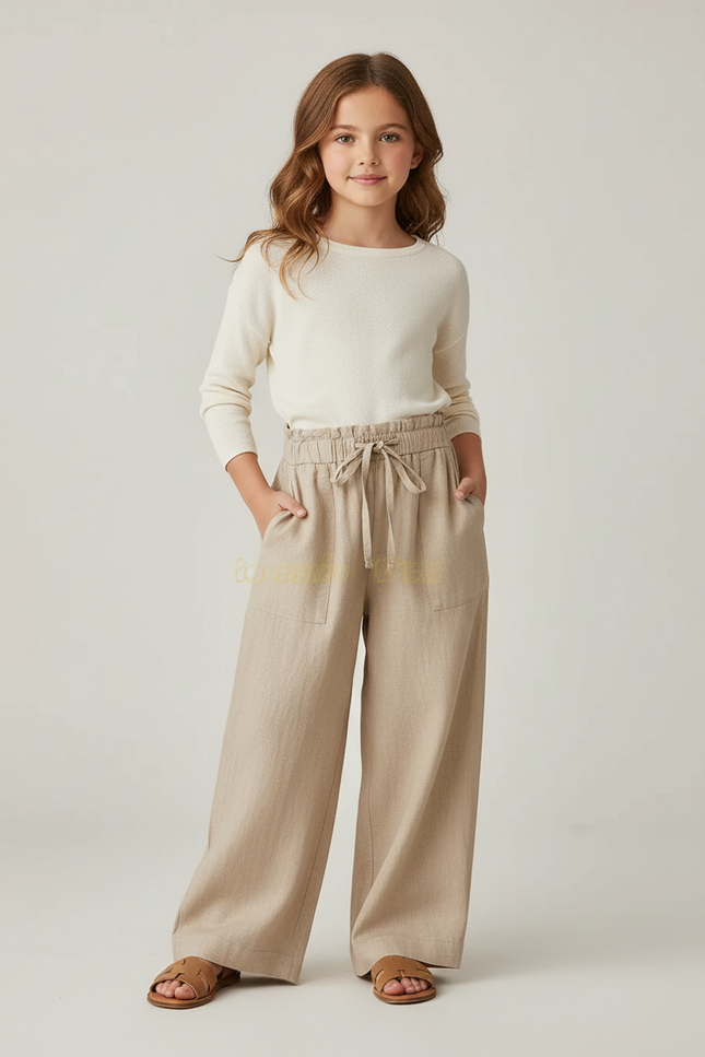 Pantalon Baggy Lin Beige Ample Cordon Décontracté