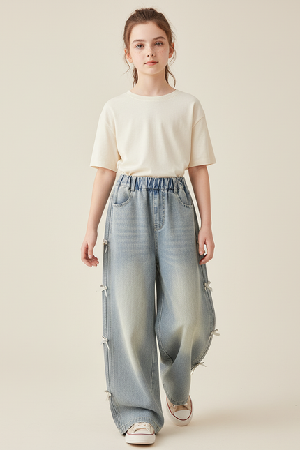 Pantalon Baggy Jean Bleu Ample Fille Nœuds Latéraux