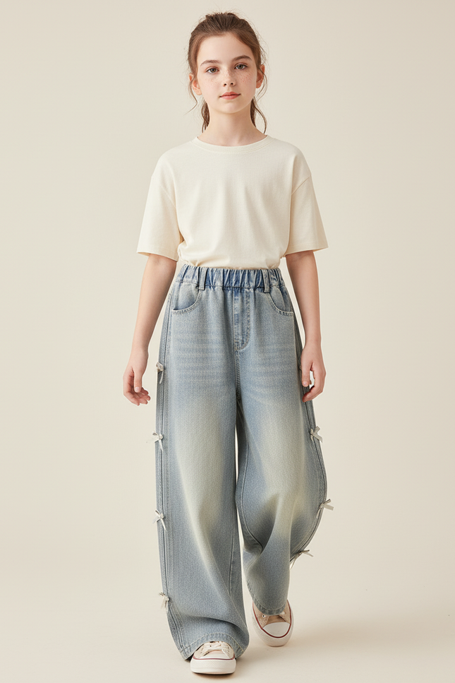 Pantalon Baggy Jean Bleu Ample Fille Nœuds Latéraux