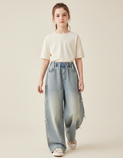 Pantalon Baggy Jean Bleu Ample Fille Nœuds Latéraux