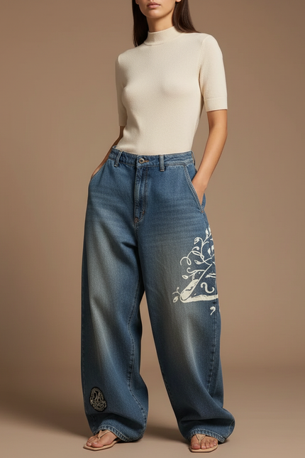 Pantalon Baggy Jean Bleu Imprimé Ample Streetwear Y2K