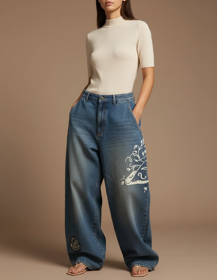 Pantalon Baggy Jean Bleu Imprimé Ample Streetwear Y2K
