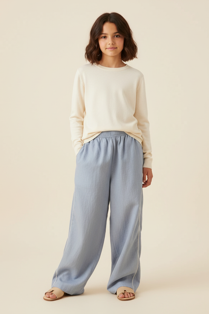 Pantalon Baggy Bleu Fluide Lin Ample Fille