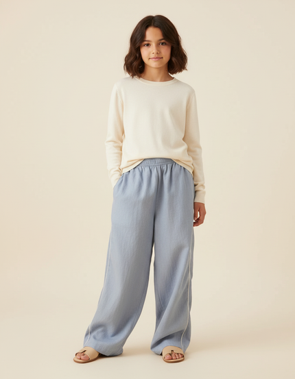 Pantalon Baggy Bleu Fluide Lin Ample Fille