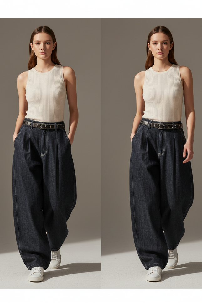 Pantalon Baggy Jean Denim Ample Taille Haute - Marine