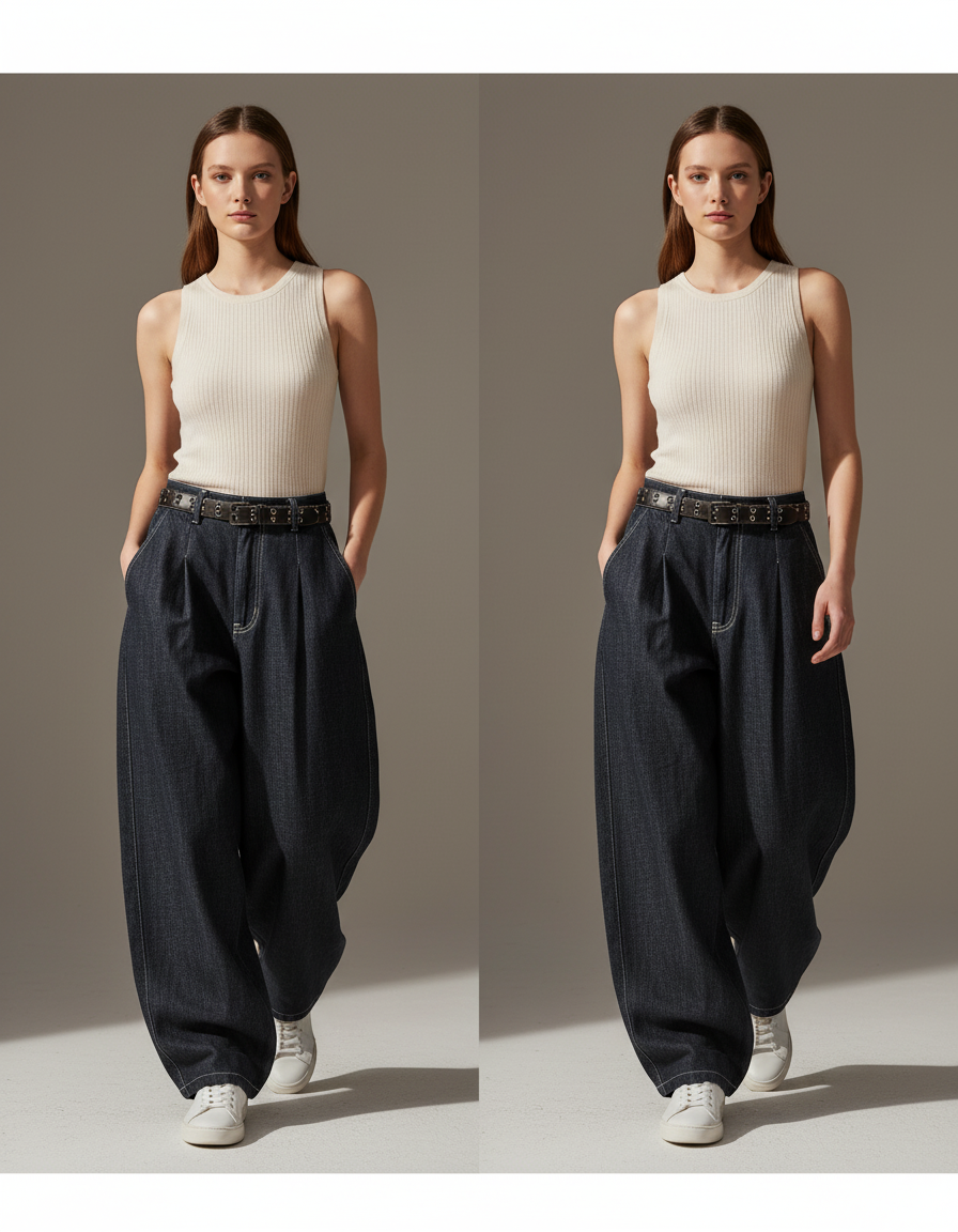 Pantalon Baggy Jean Denim Ample Taille Haute - Marine