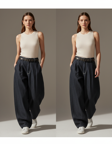 Pantalon Baggy Jean Denim Ample Taille Haute - Marine