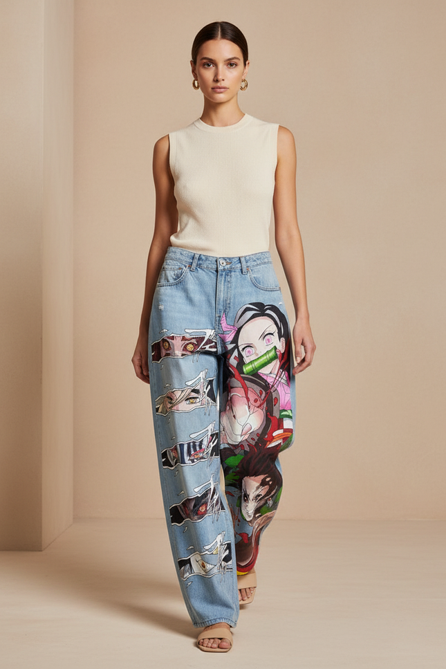 Pantalon Baggy Jean Clair Ample Manga Déchiré - Bleu