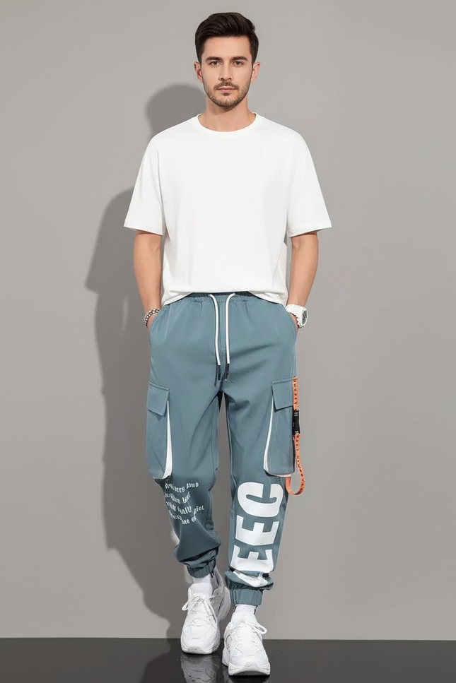 Pantalon Baggy Cargo Bleu Ample Imprimé Cordon Homme - Polyester