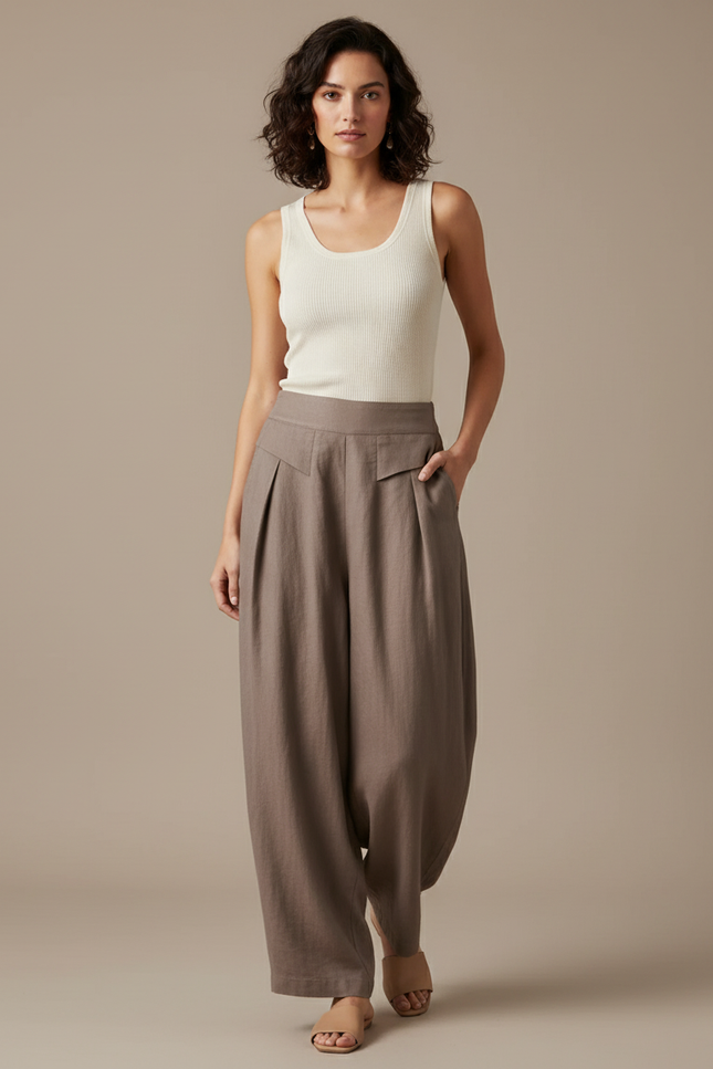 Pantalon Baggy Marron Ample Fluide Décontracté - Lin
