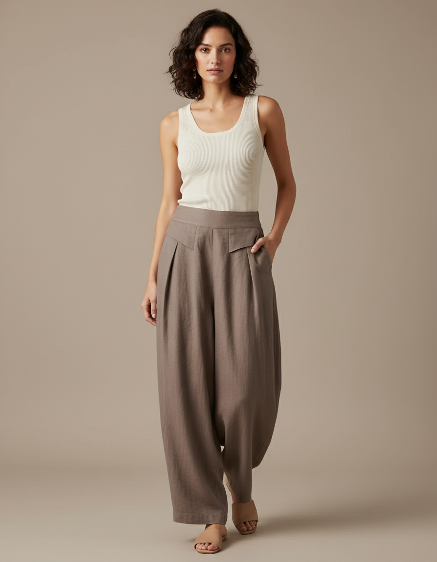 Pantalon Baggy Marron Ample Fluide Décontracté - Lin