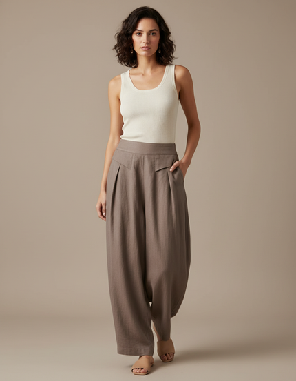 Pantalon Baggy Marron Ample Fluide Décontracté - Lin