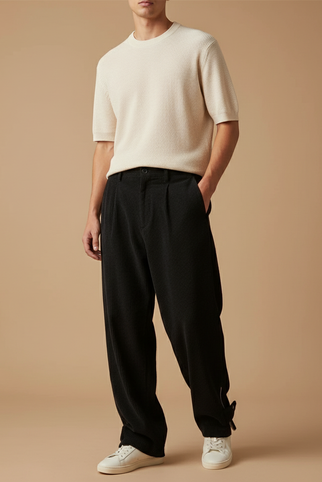 Pantalon Baggy Noir Côtelé Ample Décontracté Streetwear - Cordé