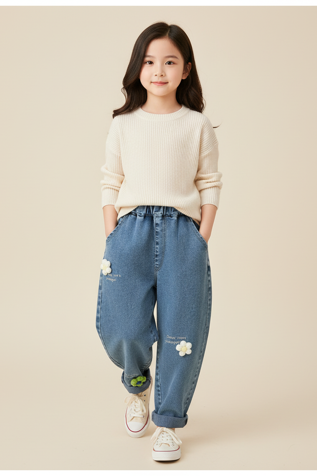 Pantalon Baggy Jean Denim Ample Fleurs Brodées Enfant - Bleu