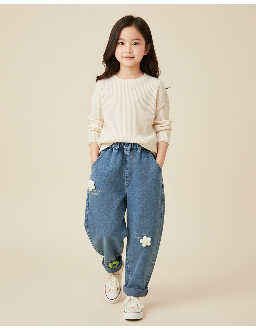 Pantalon Baggy Jean Denim Ample Fleurs Brodées Enfant - Bleu