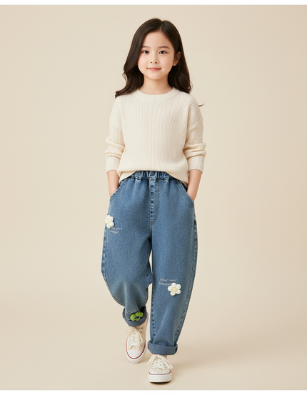 Pantalon Baggy Jean Denim Ample Fleurs Brodées Enfant - Bleu