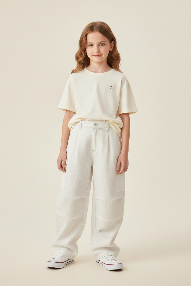 Pantalon Baggy Crème Ample Décontracté Fille - Beige Toile