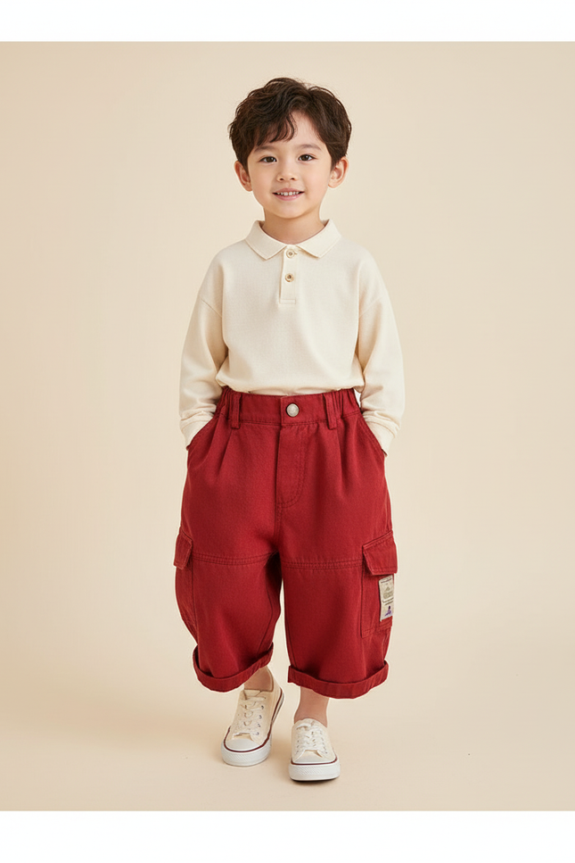 Pantalon Baggy Rouge Coton Ample Cargo Enfant