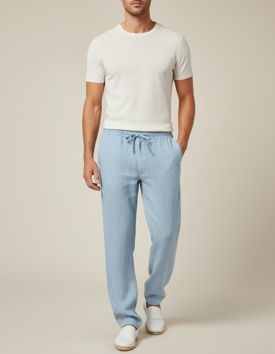 Pantalon Baggy Bleu Clair Lin Ample Cordon Homme