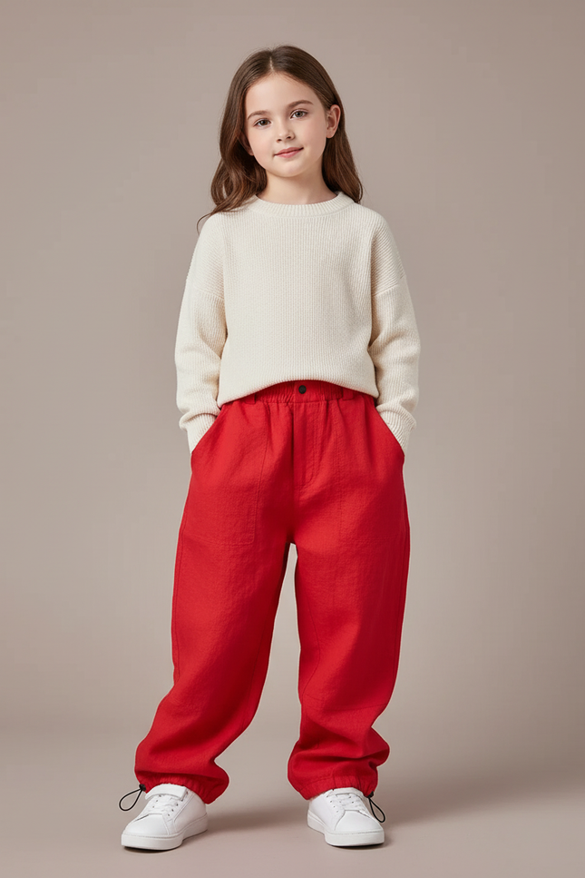 Pantalon Baggy Rouge Lin Ample Décontracté Fille