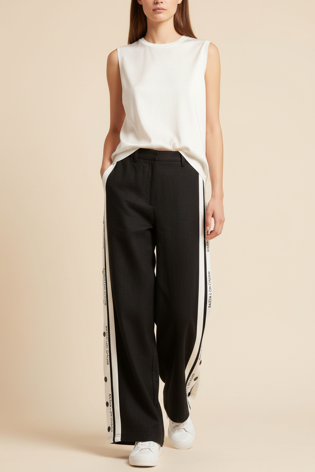 Pantalon Baggy Noir Rayures Blanches Boutons Latéraux Sport - Molleton