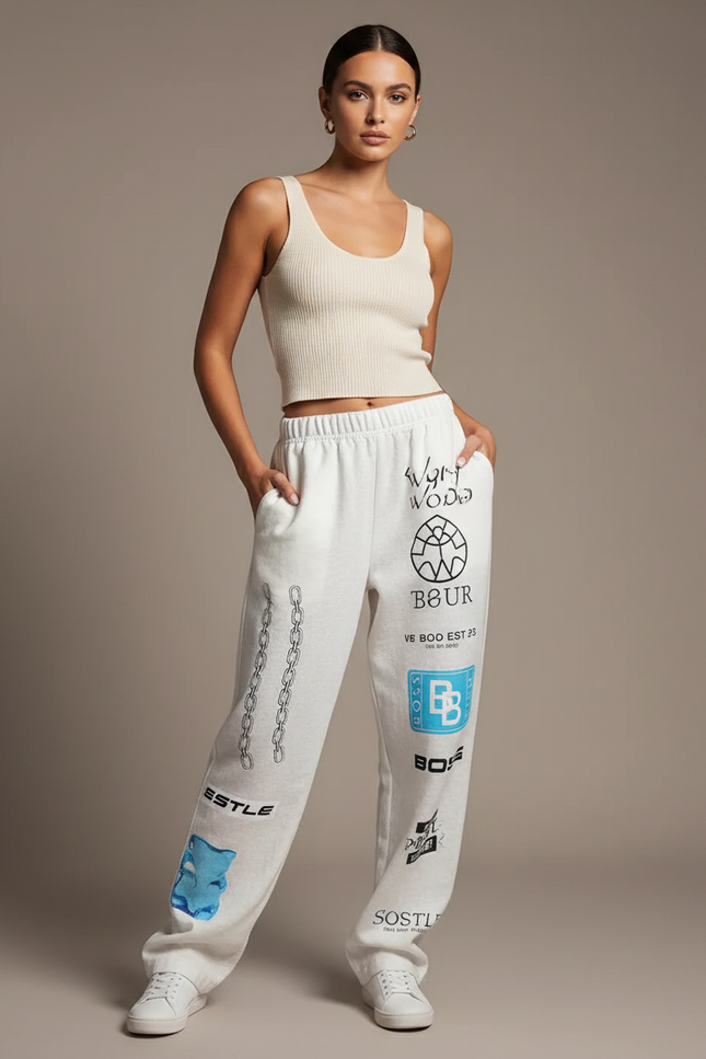 Pantalon Baggy Blanc Imprimé Ample Décontracté Femme - Molleton