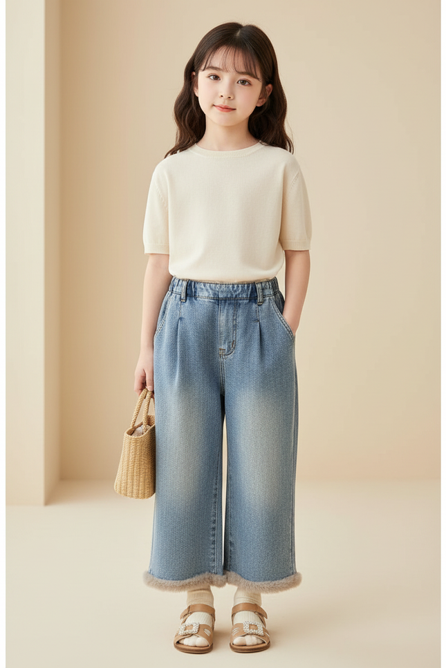 Pantalon Baggy Jean Bleu Délavé Doux Fille
