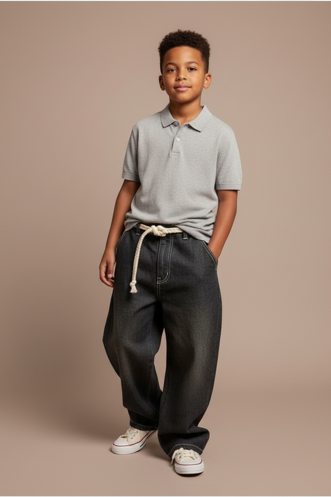 Pantalon Baggy Jean Gris Ample Cordon Tressé