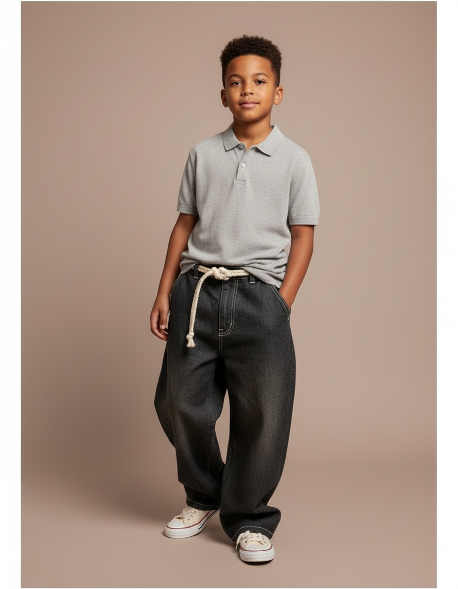 Pantalon Baggy Jean Gris Ample Cordon Tressé
