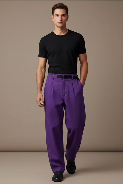 Pantalon Baggy Violet Ample Plissé Homme - Lin