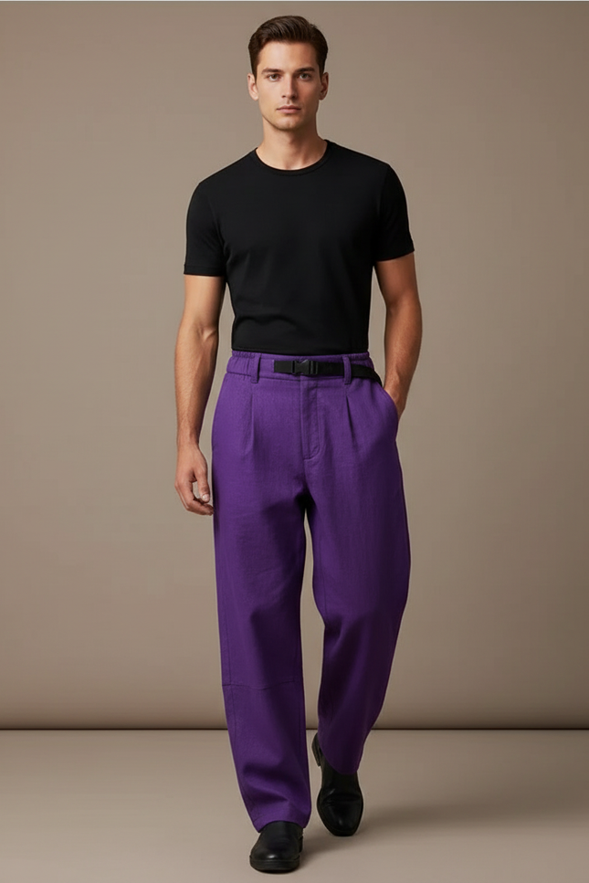 Pantalon Baggy Violet Ample Plissé Homme - Lin
