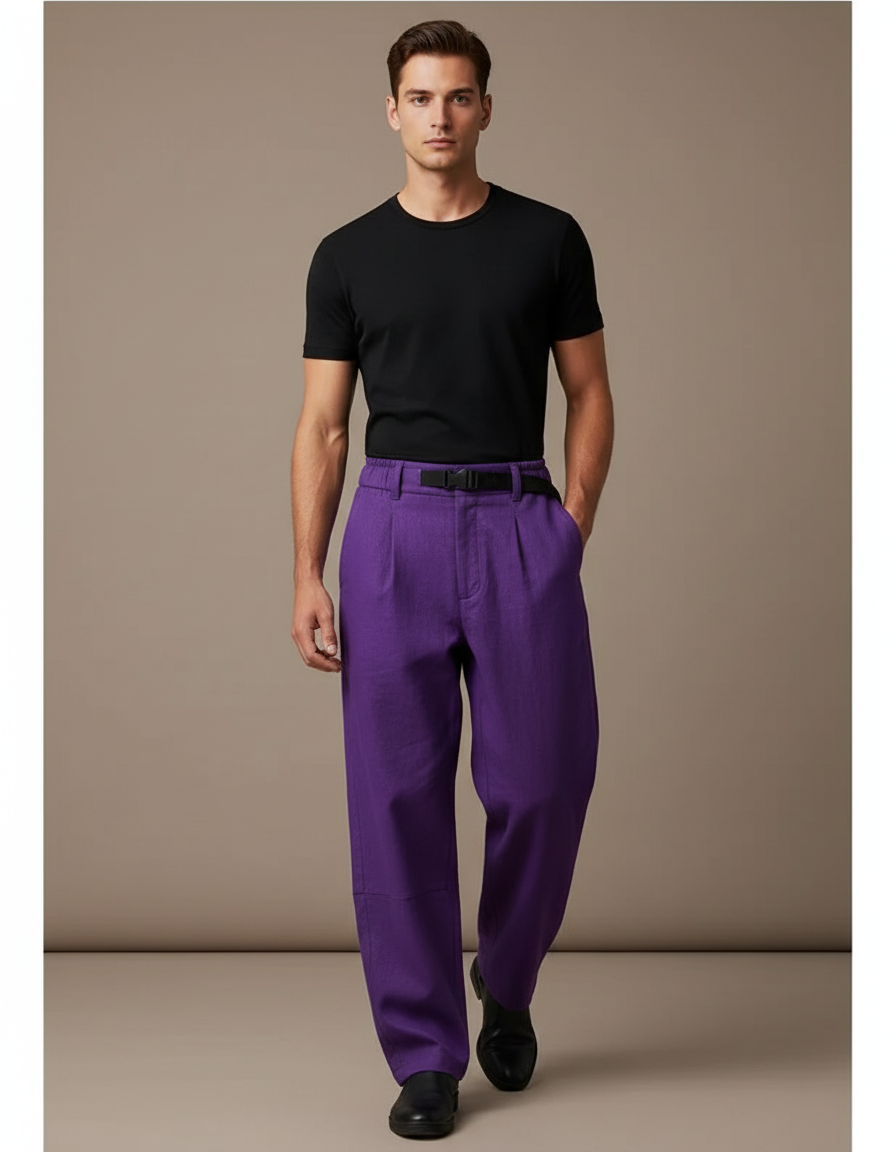 Pantalon Baggy Violet Ample Plissé Homme - Lin