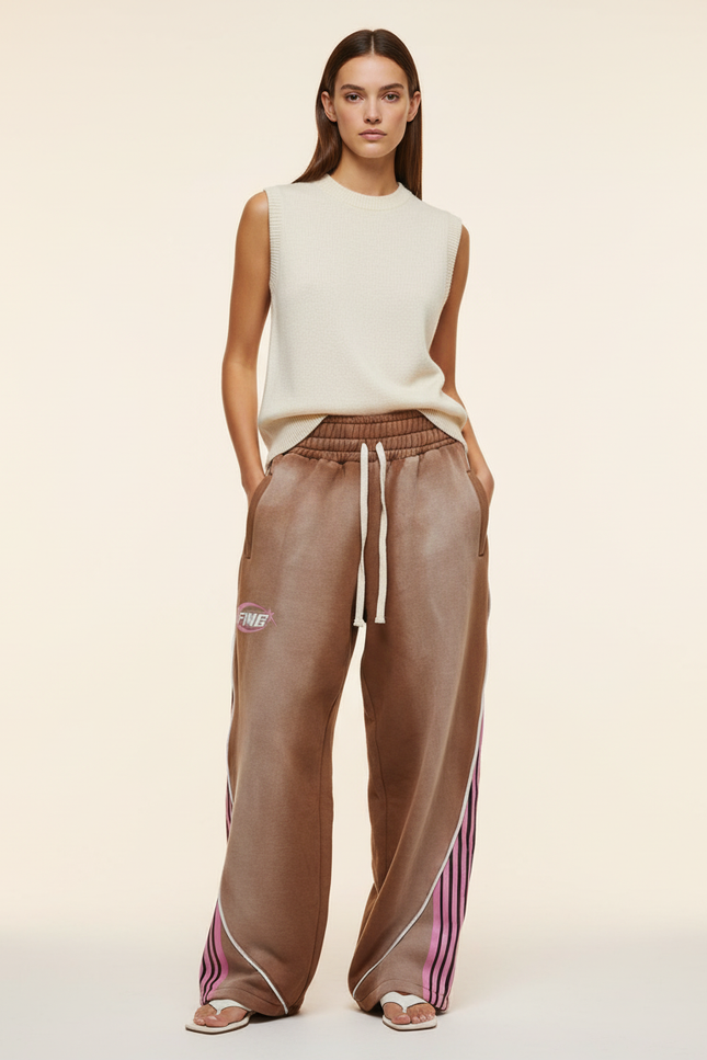 Pantalon Baggy Marron Rayures Roses Ample Sport - Molleton
