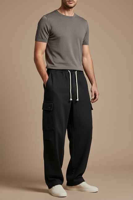 Pantalon Baggy Noir Coton Cargo Ample Cordon Homme - Toile