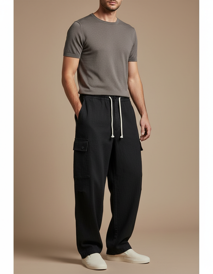 Pantalon Baggy Noir Coton Cargo Ample Cordon Homme - Toile