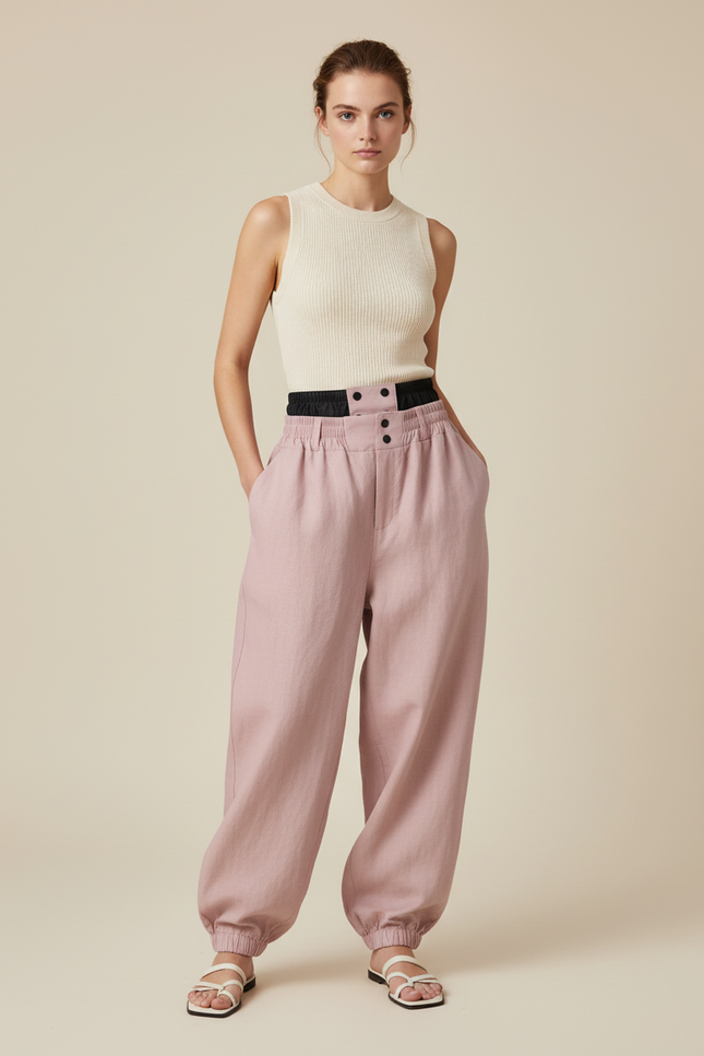 Pantalon Baggy Rose Pâle Ample Taille Haute Lin