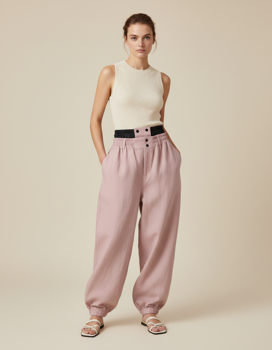 Pantalon Baggy Rose Pâle Ample Taille Haute Lin