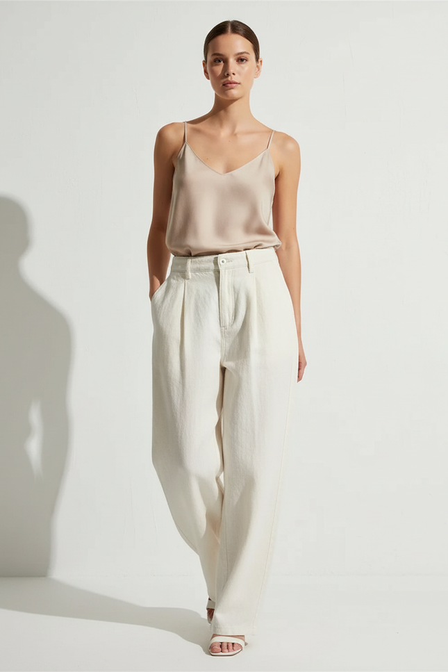 Pantalon Baggy Crème Ample Plissé Taille Haute - Beige Jean