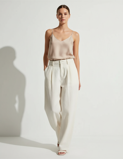 Pantalon Baggy Crème Ample Plissé Taille Haute - Beige Jean