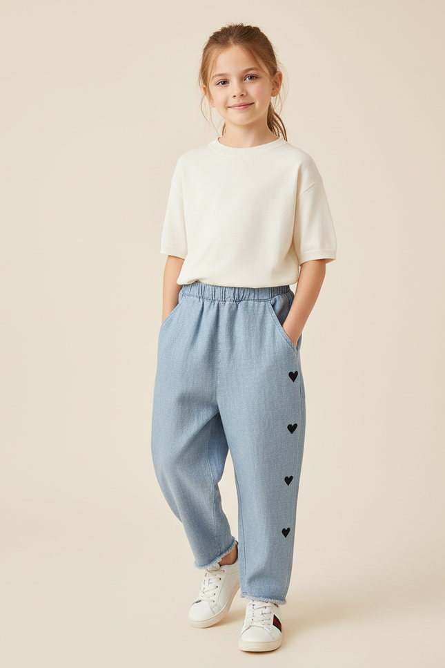 Pantalon Baggy Denim Cœurs Noirs Fille Ample - Bleu Jean