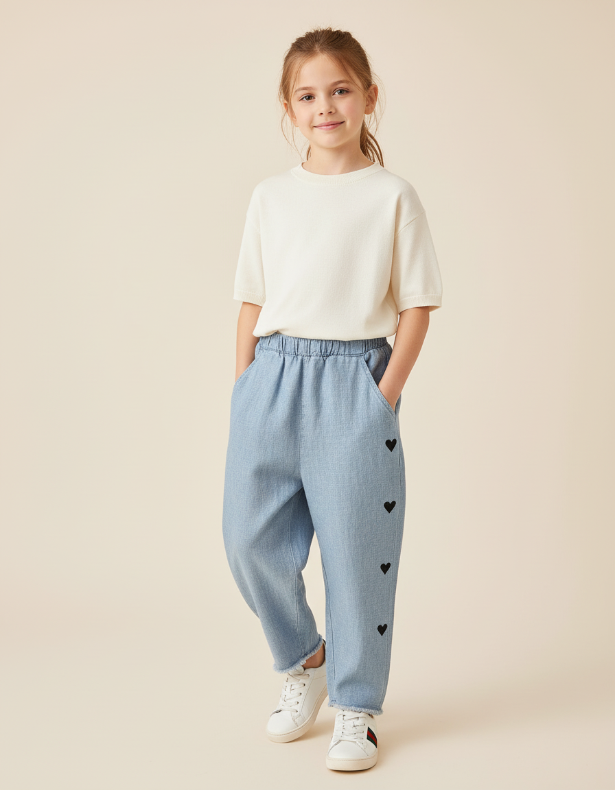 Pantalon Baggy Denim Cœurs Noirs Fille Ample - Bleu Jean
