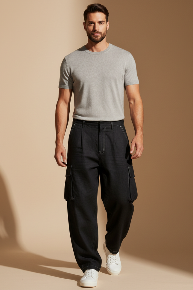 Pantalon Baggy Noir Ample Cargo Couture Blanche Homme - Toile